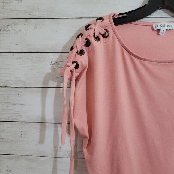 Boutique Brand Luxology Lace-up Ruched Dusty Rose Pink Blouse Top Size Medium - Picture 6 of 11